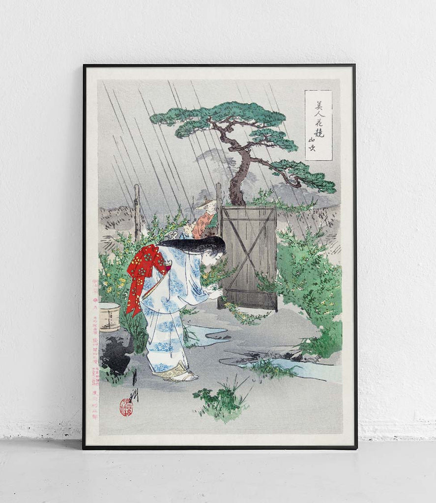 Woman Bending over Yamabuki Bush - poster